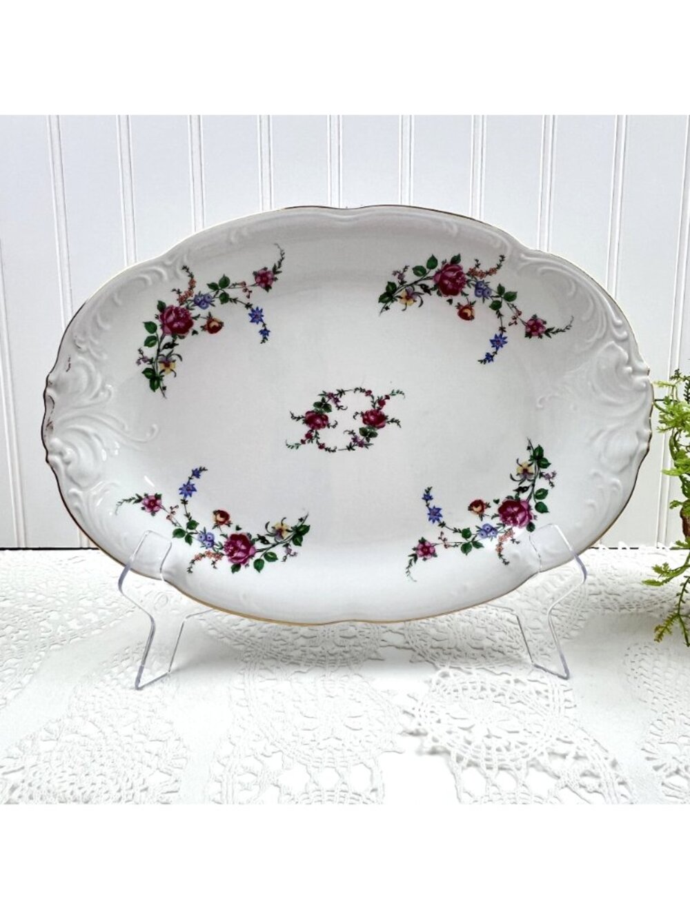 Wawel Poland Serving Platter Embossed Scalloped White Pink Roses 13" x 9"